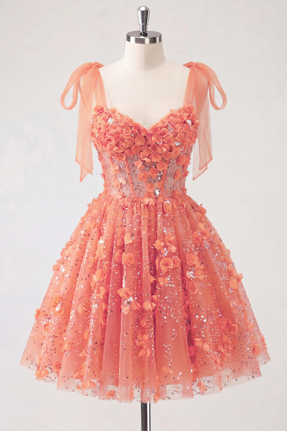 A-Line Floral Sheer Corset Sequins Homecoming Dress with Lace Up Back