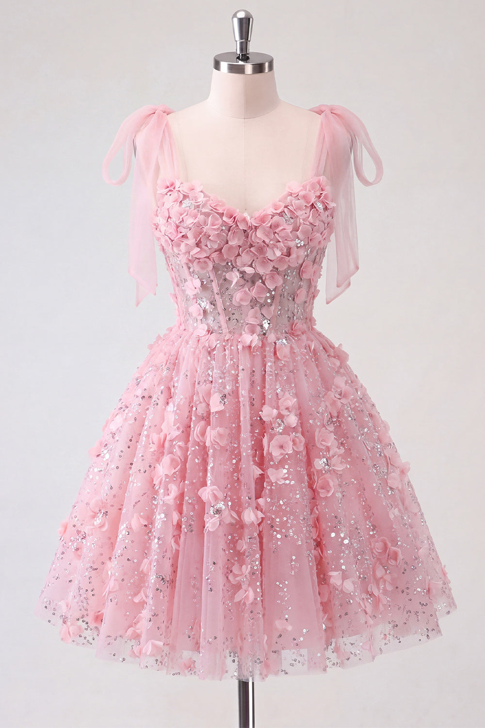 A-Line Floral Sheer Corset Sequins Homecoming Dress with Lace Up Back
