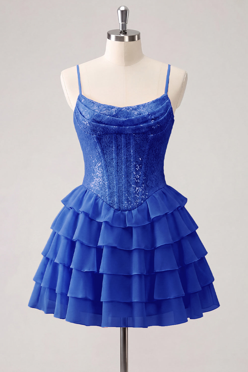 A-Line Pink Tiered Corset Sequins Homecoming Dress with Lace Up Back