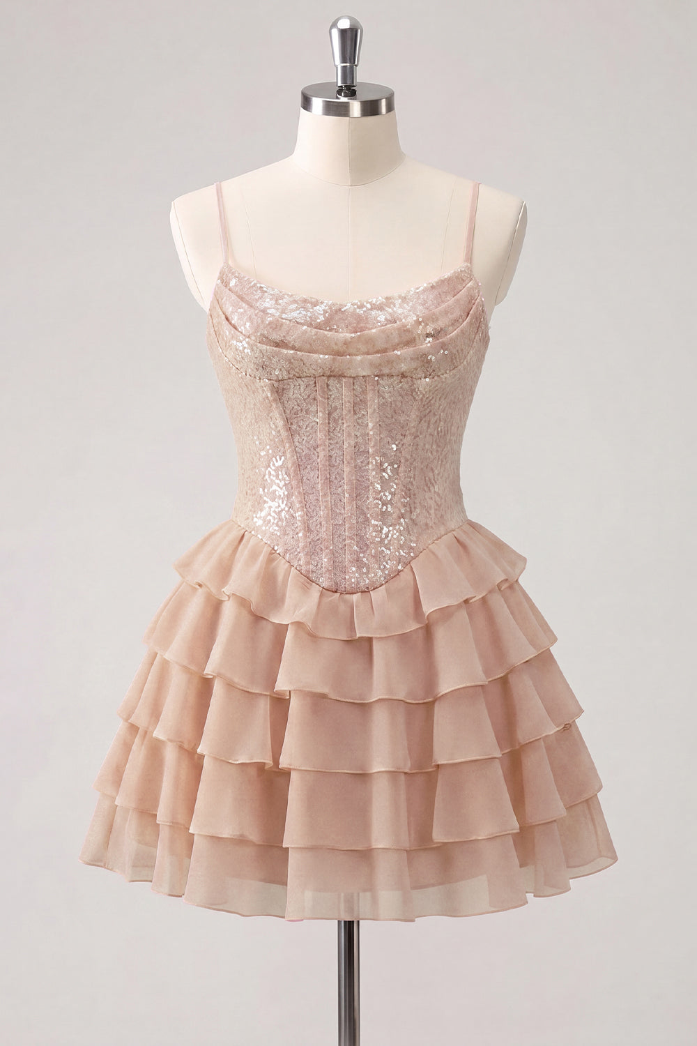 A-Line Pink Tiered Corset Sequins Homecoming Dress with Lace Up Back