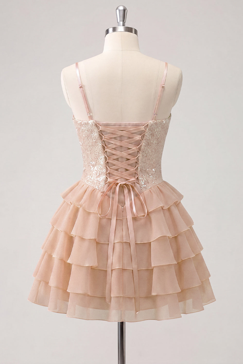 A-Line Pink Tiered Corset Sequins Homecoming Dress with Lace Up Back