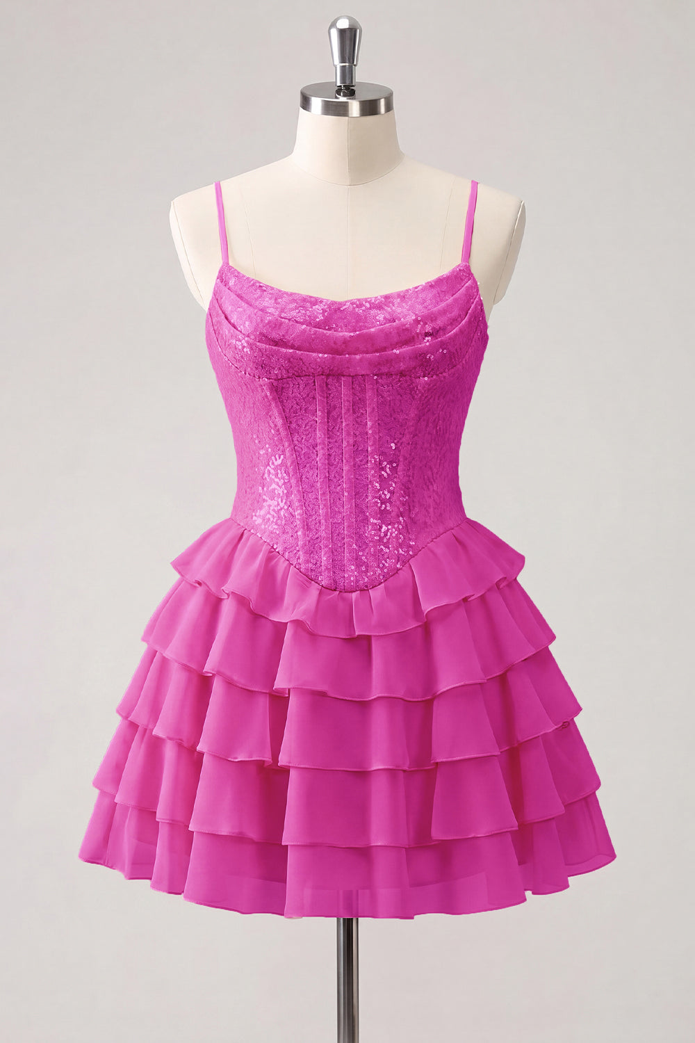 A-Line Pink Tiered Corset Sequins Homecoming Dress with Lace Up Back
