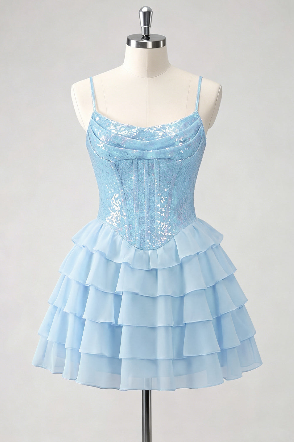 A-Line Pink Tiered Corset Sequins Homecoming Dress with Lace Up Back