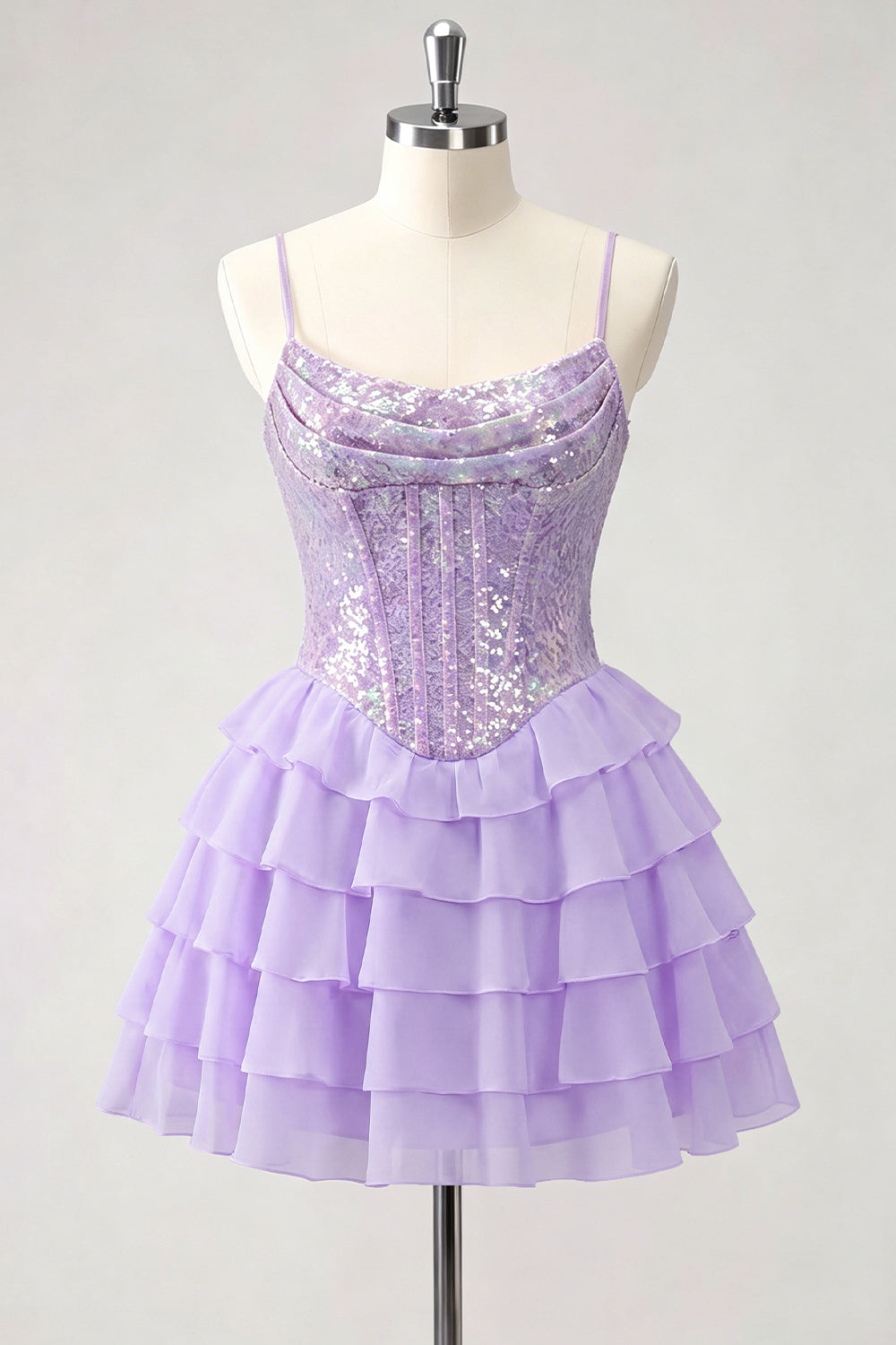 A-Line Pink Tiered Corset Sequins Homecoming Dress with Lace Up Back