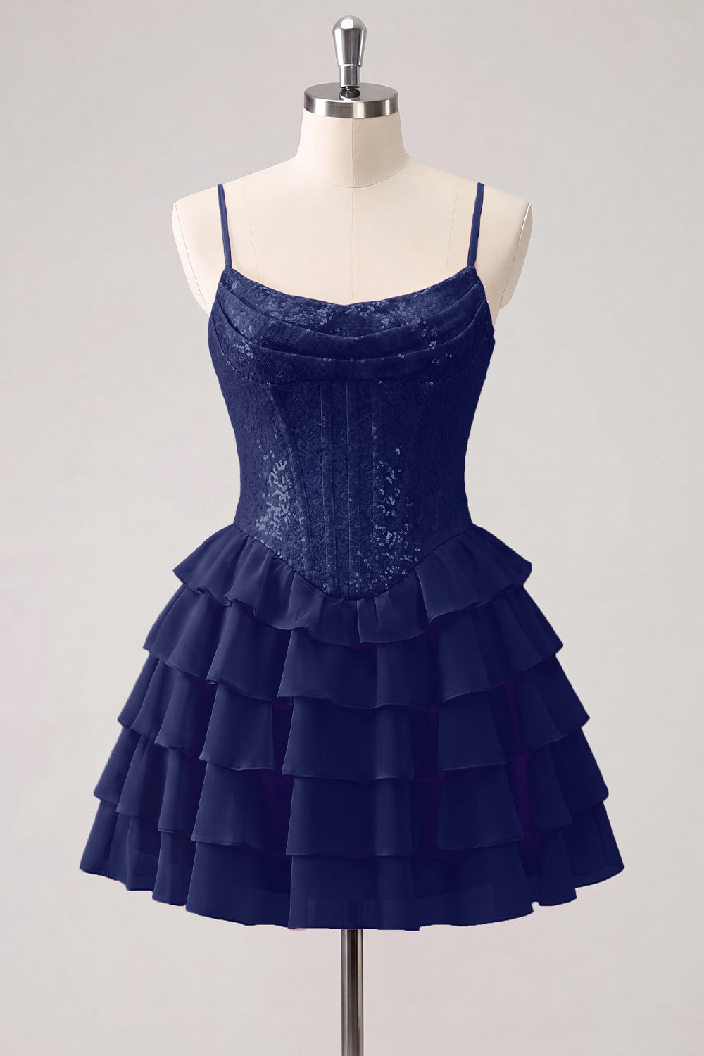 A-Line Pink Tiered Corset Sequins Homecoming Dress with Lace Up Back