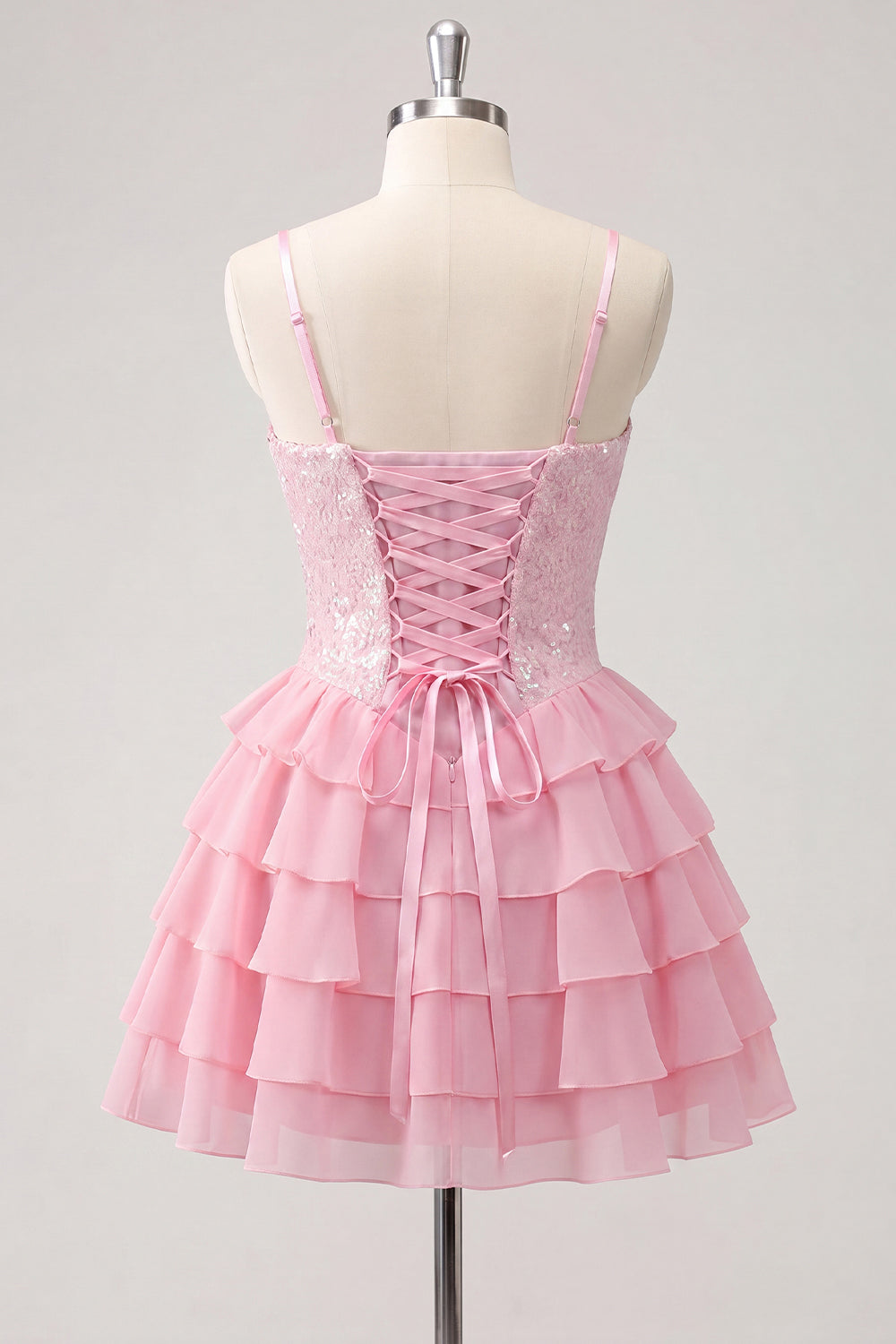 A-Line Pink Tiered Corset Sequins Homecoming Dress with Lace Up Back
