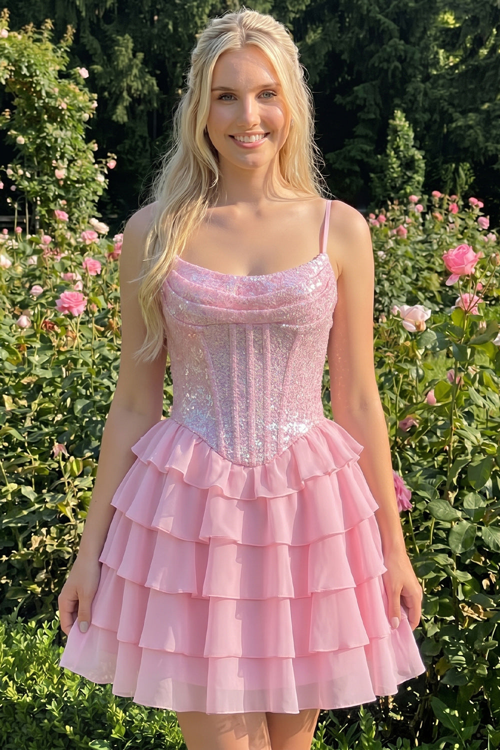 A-Line Pink Tiered Corset Sequins Homecoming Dress with Lace Up Back