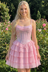 A-Line Pink Tiered Corset Sequins Homecoming Dress with Lace Up Back