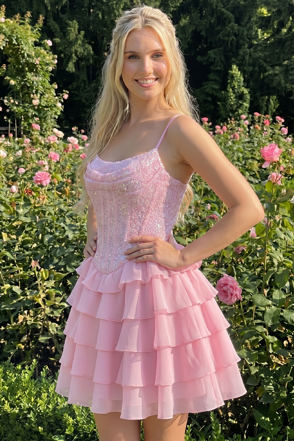 A-Line Pink Tiered Corset Sequins Homecoming Dress with Lace Up Back