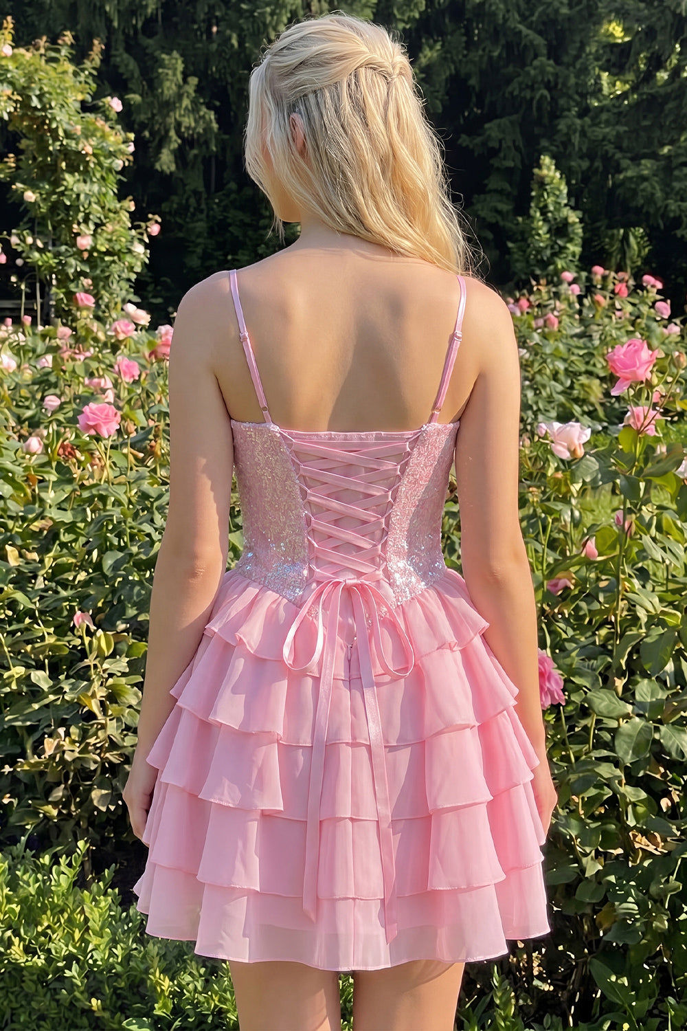 A-Line Pink Tiered Corset Sequins Homecoming Dress with Lace Up Back