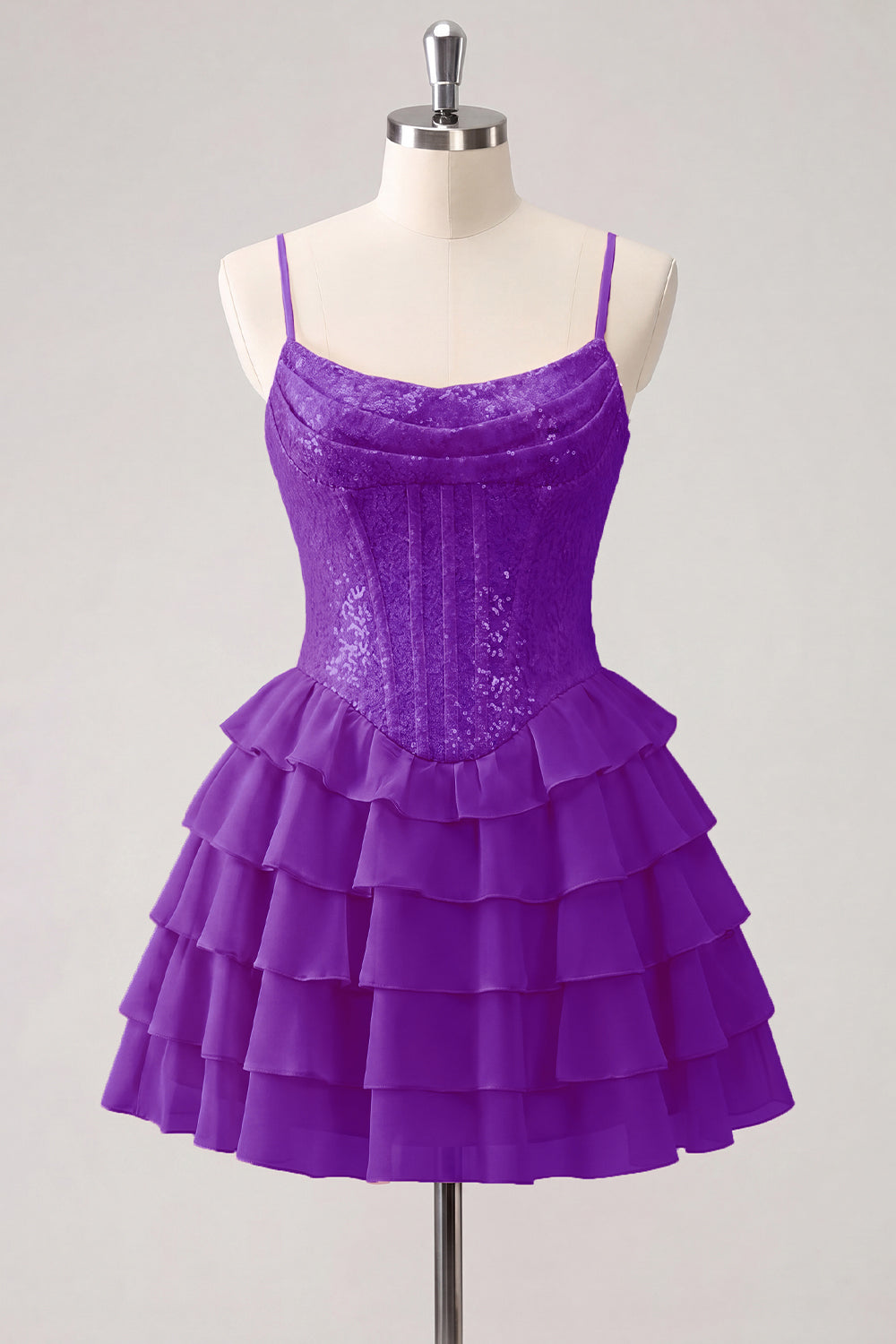 A-Line Pink Tiered Corset Sequins Homecoming Dress with Lace Up Back