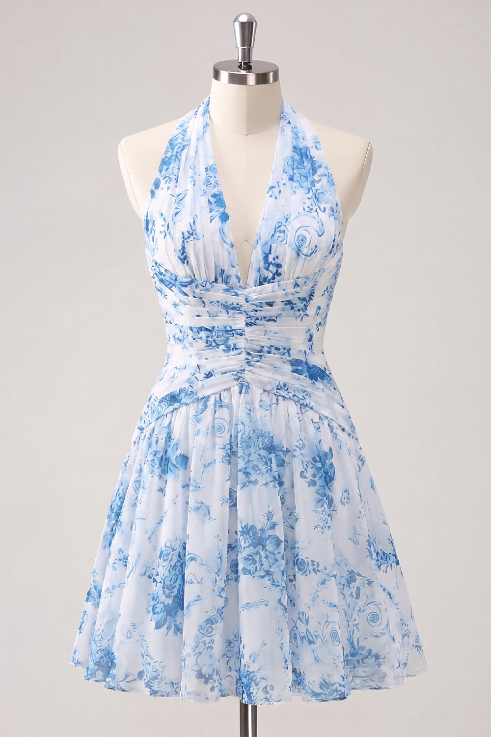 A-Line Light Blue Halter Neck Floral Ruched Homecoming Dress