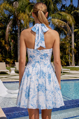 A-Line Light Blue Halter Neck Floral Ruched Homecoming Dress