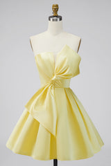 A-Line Daffodil Satin Strapless Ruched Lace Up Back Homecoming Dress with Bow