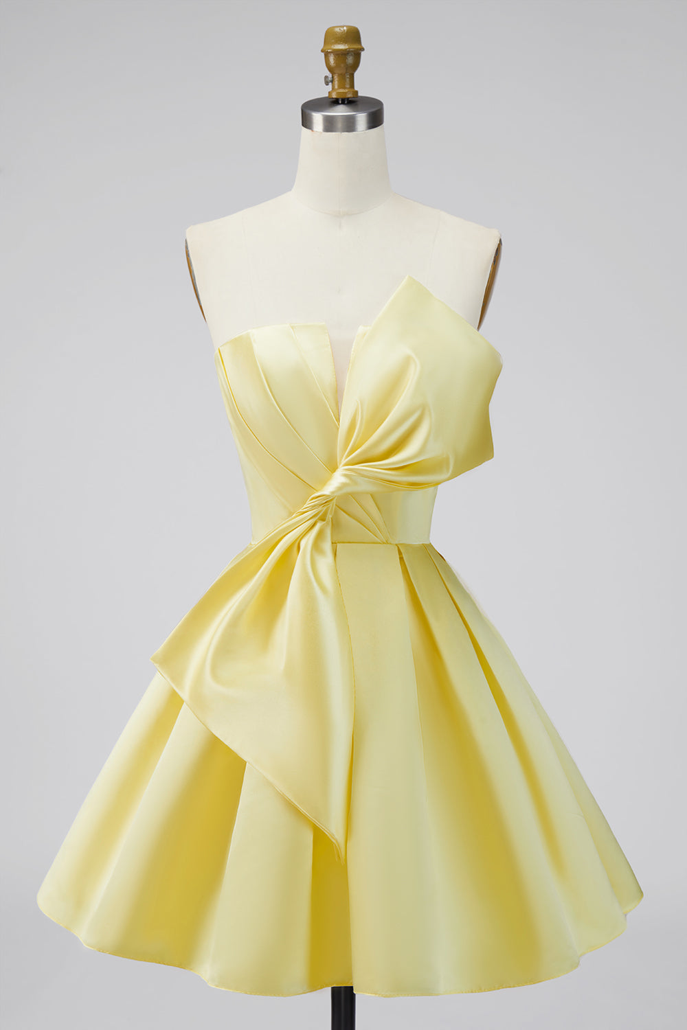 A-Line Daffodil Satin Strapless Ruched Lace Up Back Homecoming Dress with Bow