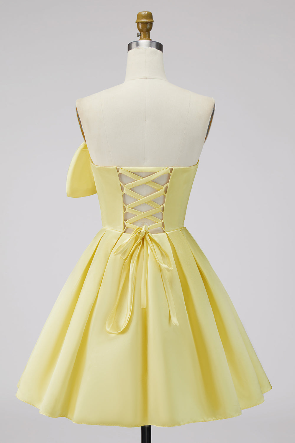 A-Line Daffodil Satin Strapless Ruched Lace Up Back Homecoming Dress with Bow