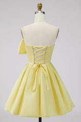A-Line Daffodil Satin Strapless Ruched Lace Up Back Homecoming Dress with Bow