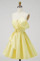 A-Line Daffodil Satin Strapless Ruched Lace Up Back Homecoming Dress with Bow