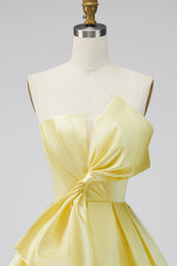 A-Line Daffodil Satin Strapless Ruched Lace Up Back Homecoming Dress with Bow