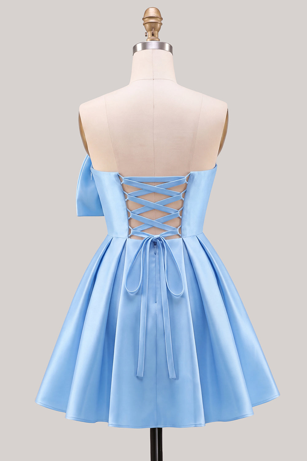A-Line Daffodil Satin Strapless Ruched Lace Up Back Homecoming Dress with Bow