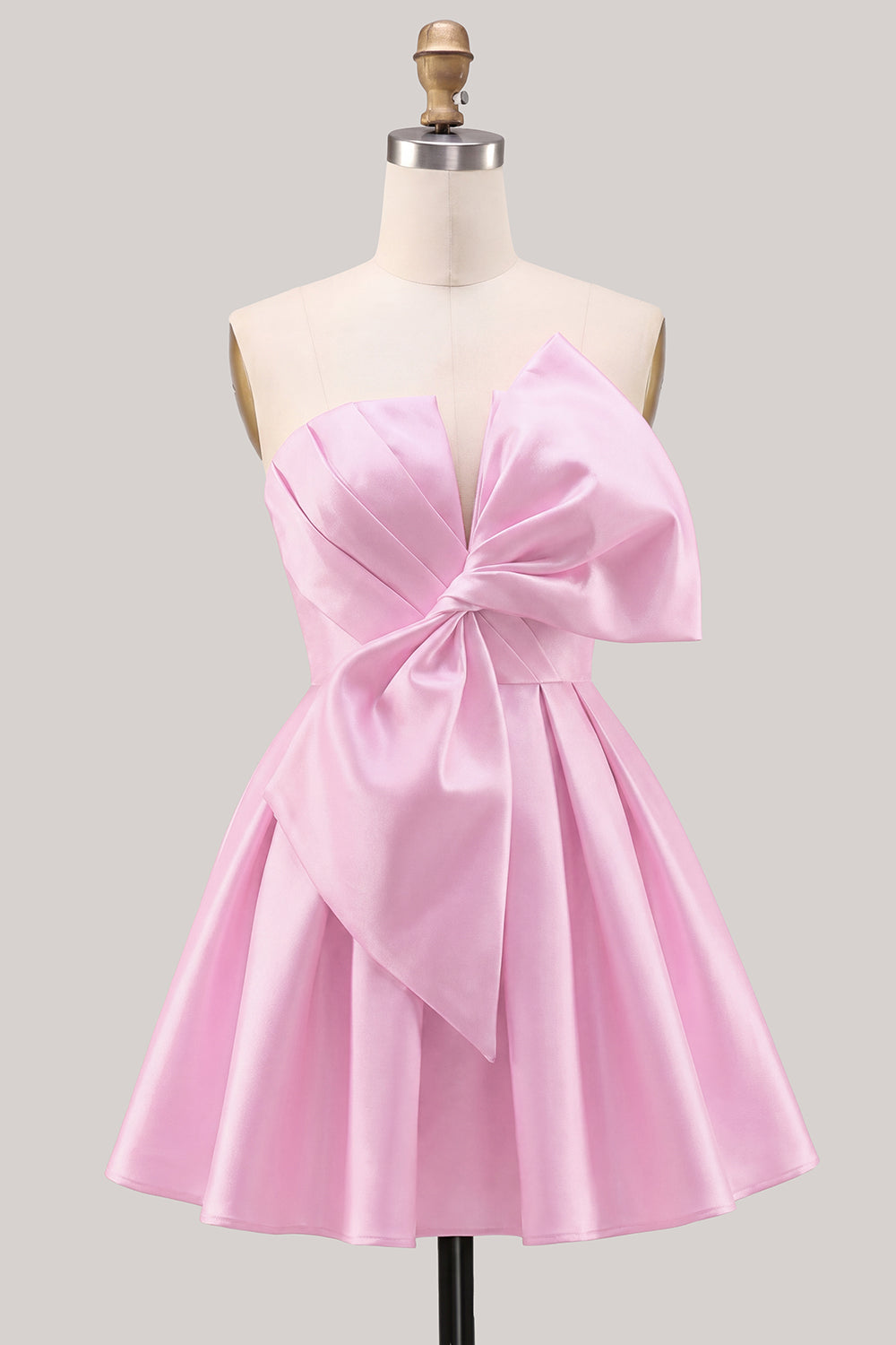 A-Line Daffodil Satin Strapless Ruched Lace Up Back Homecoming Dress with Bow