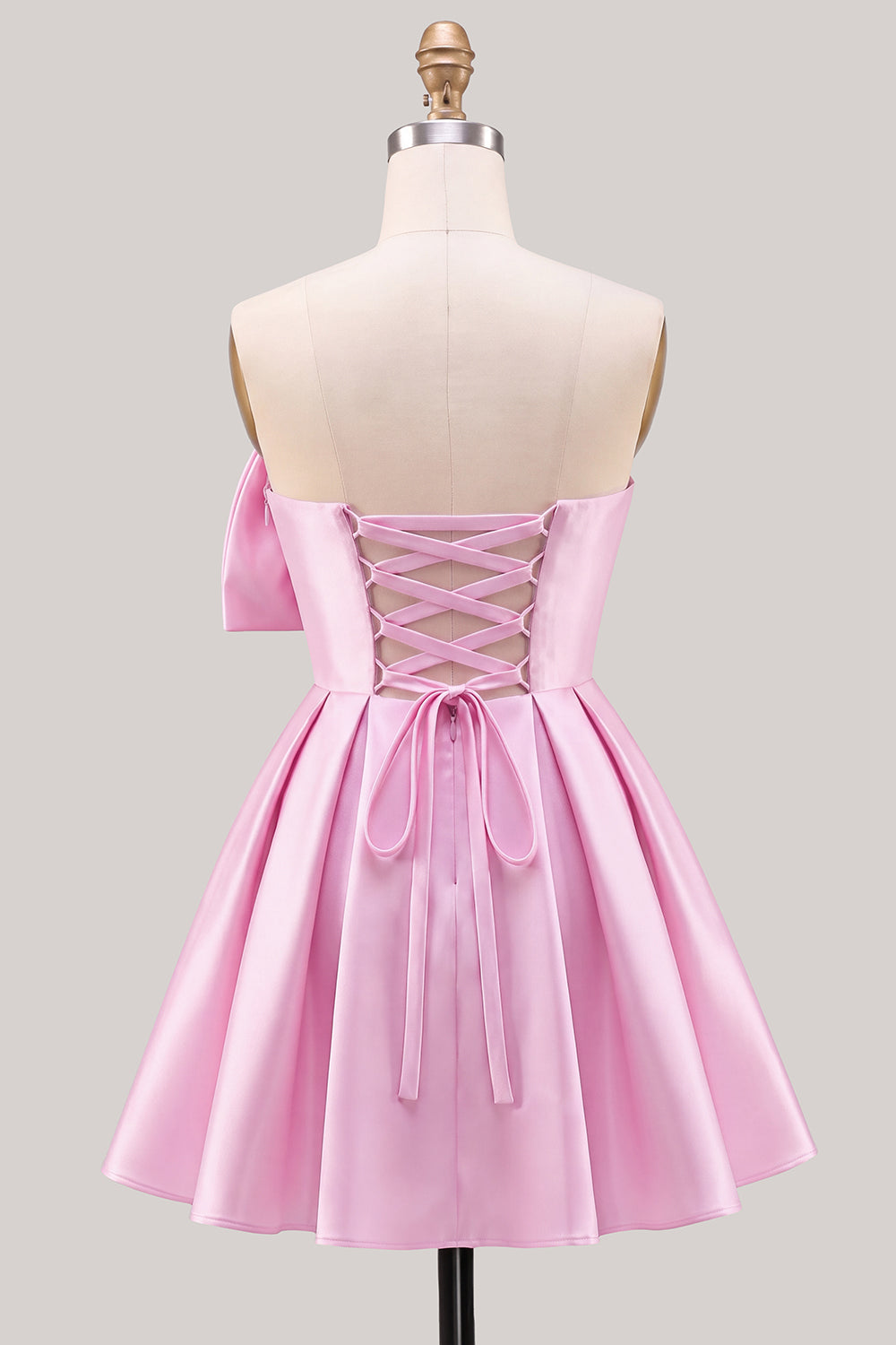 A-Line Daffodil Satin Strapless Ruched Lace Up Back Homecoming Dress with Bow