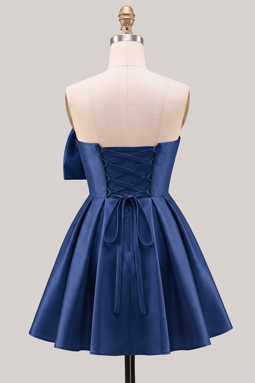A-Line Daffodil Satin Strapless Ruched Lace Up Back Homecoming Dress with Bow