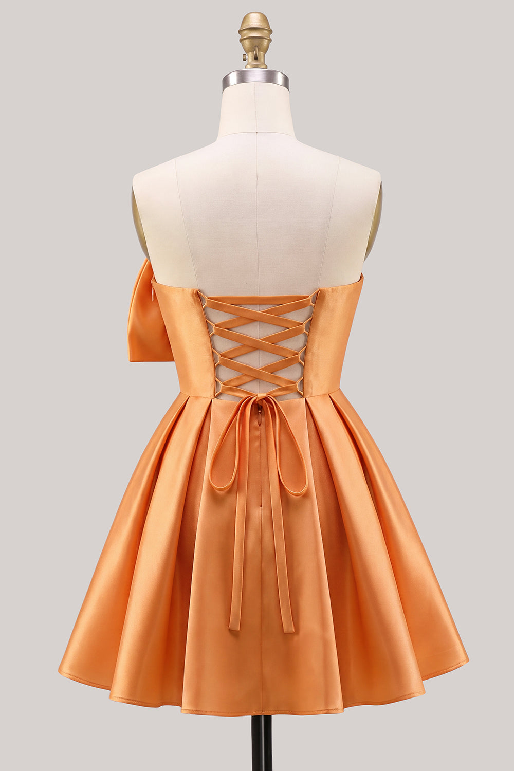 A-Line Daffodil Satin Strapless Ruched Lace Up Back Homecoming Dress with Bow
