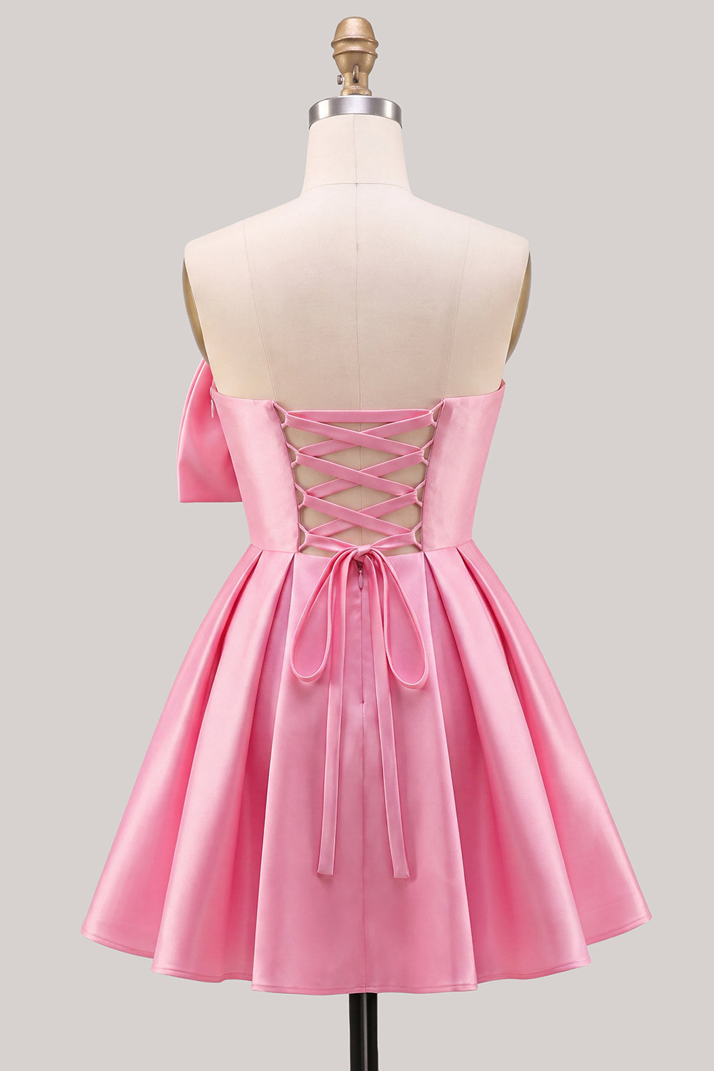 A-Line Daffodil Satin Strapless Ruched Lace Up Back Homecoming Dress with Bow