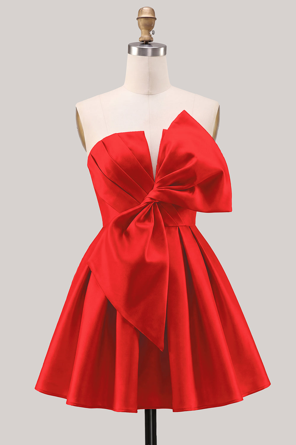 A-Line Daffodil Satin Strapless Ruched Lace Up Back Homecoming Dress with Bow