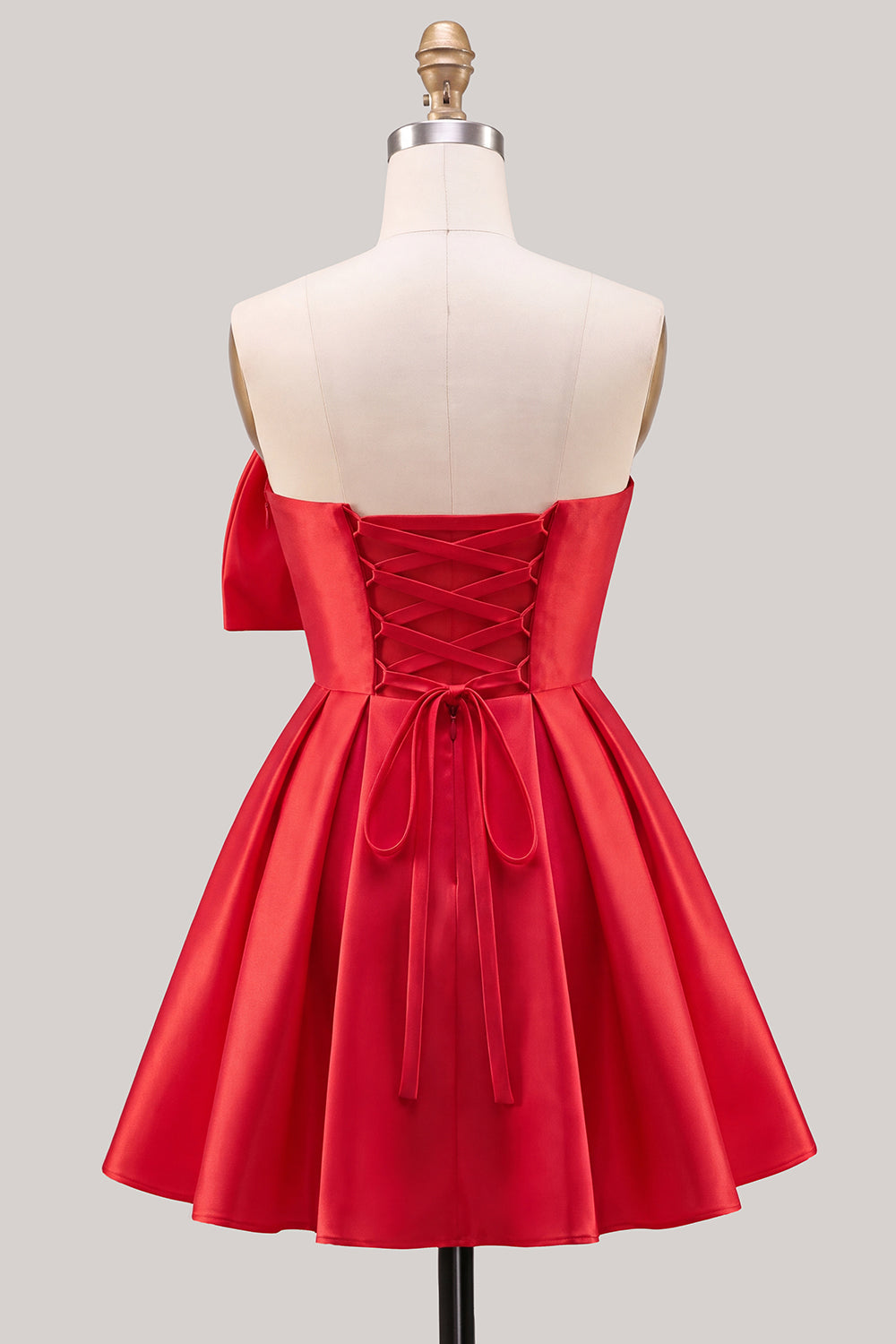 A-Line Daffodil Satin Strapless Ruched Lace Up Back Homecoming Dress with Bow