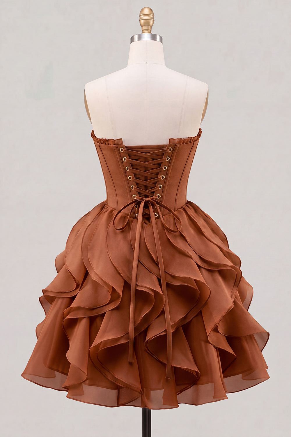 A-Line Sweetheart Brown Corset Ruffle Homecoming Dress with Lace Up Back