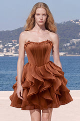 A-Line Sweetheart Brown Corset Ruffle Homecoming Dress with Lace Up Back