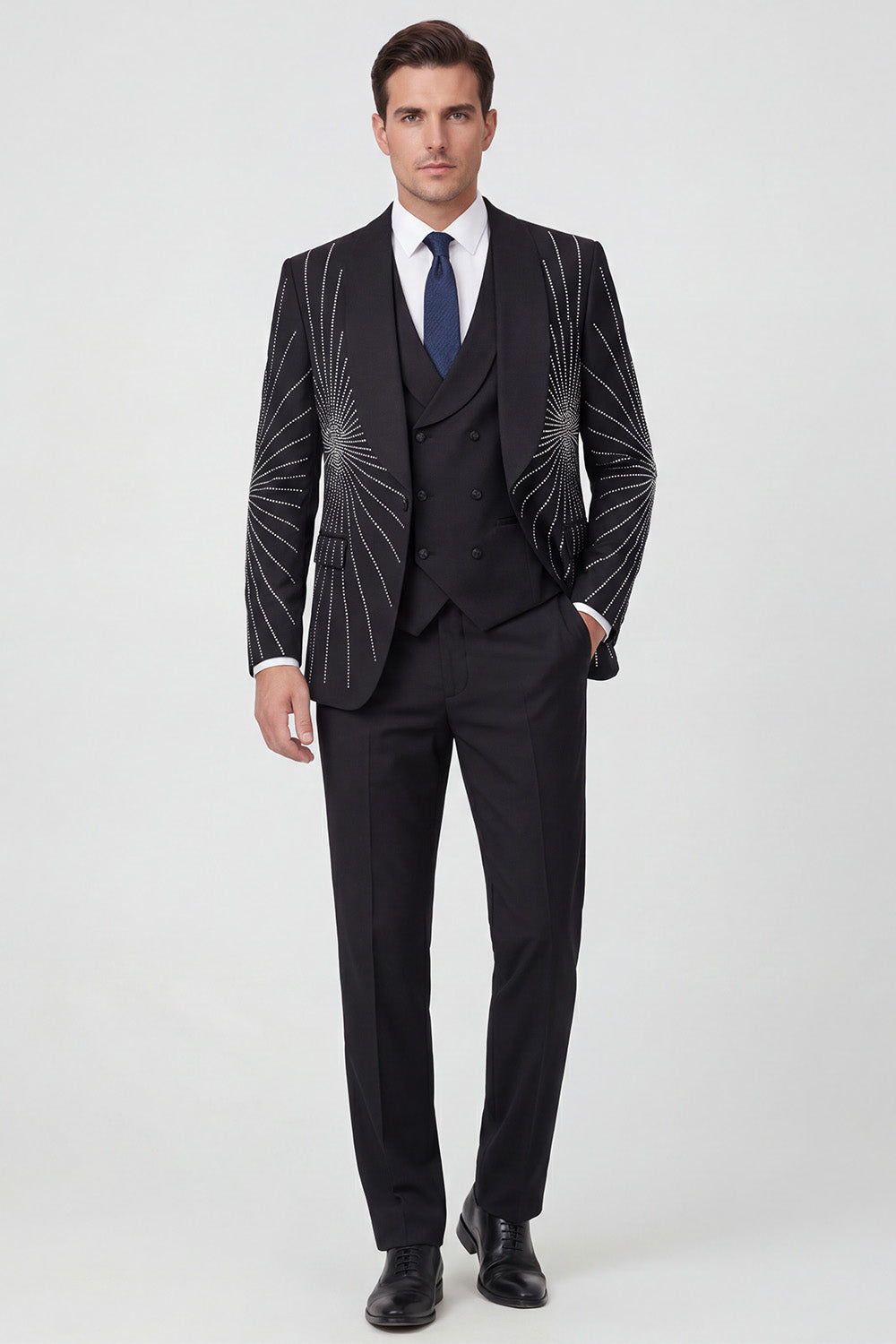 3 Piece Black Shawl Lapel One Button Men's Prom Suits with Beading