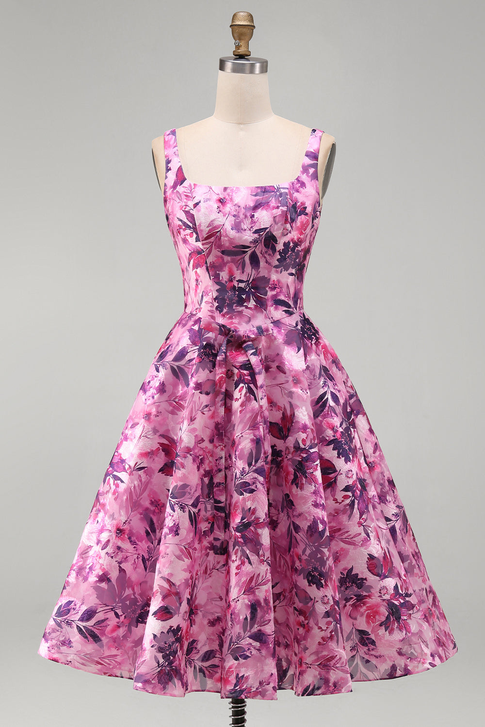 A-Line Fuchsia Floral Ruffled Square Neck Corset Short Homecoming Dress