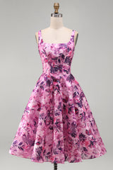 A-Line Fuchsia Floral Ruffled Square Neck Corset Short Homecoming Dress