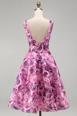 A-Line Fuchsia Floral Ruffled Square Neck Corset Short Homecoming Dress