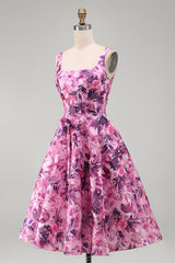 A-Line Fuchsia Floral Ruffled Square Neck Corset Short Homecoming Dress
