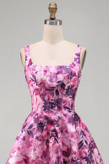 A-Line Fuchsia Floral Ruffled Square Neck Corset Short Homecoming Dress