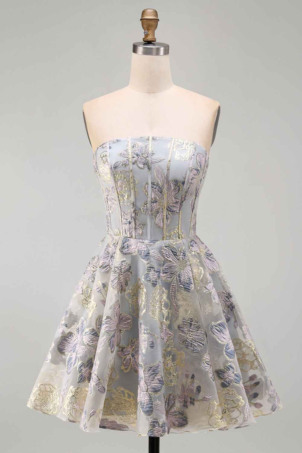 A-Line Blue Flower Strapless Corset Ruffled Jacquard Lace Up Back Homecoming Dress