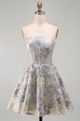 A-Line Blue Flower Strapless Corset Ruffled Jacquard Lace Up Back Homecoming Dress