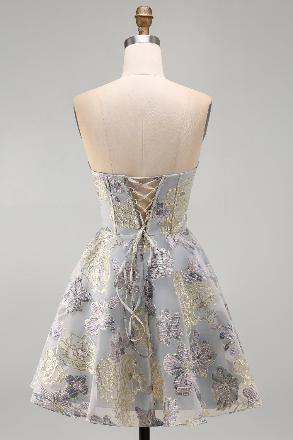 A-Line Blue Flower Strapless Corset Ruffled Jacquard Lace Up Back Homecoming Dress