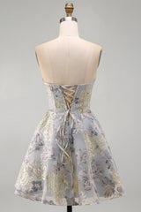 A-Line Blue Flower Strapless Corset Ruffled Jacquard Lace Up Back Homecoming Dress