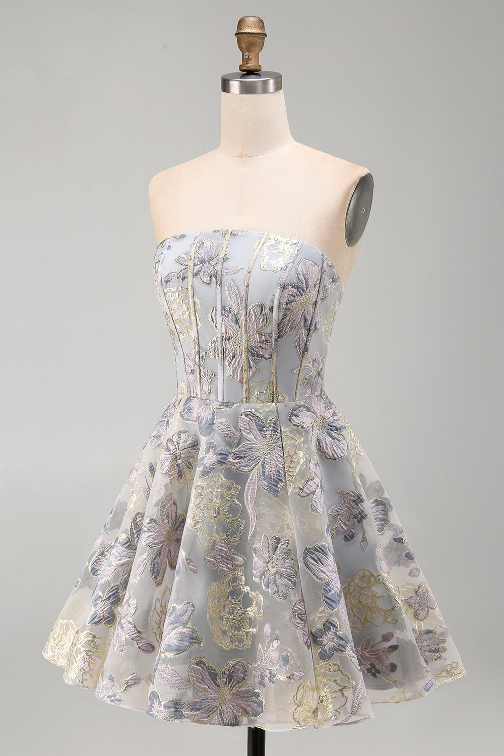 A-Line Blue Flower Strapless Corset Ruffled Jacquard Lace Up Back Homecoming Dress