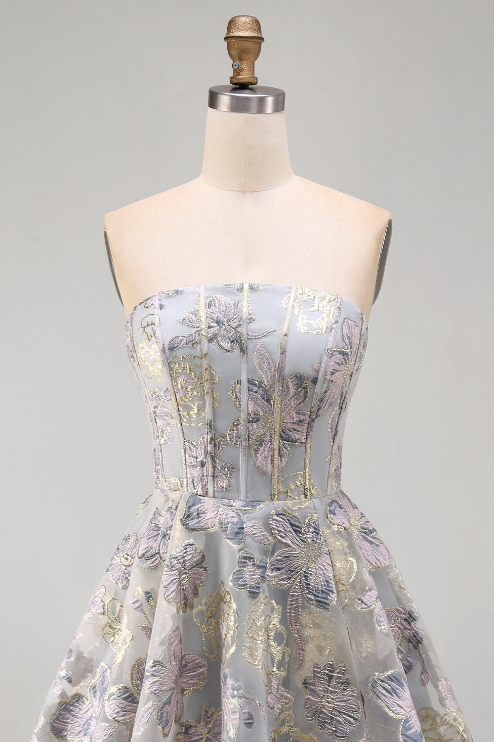 A-Line Blue Flower Strapless Corset Ruffled Jacquard Lace Up Back Homecoming Dress