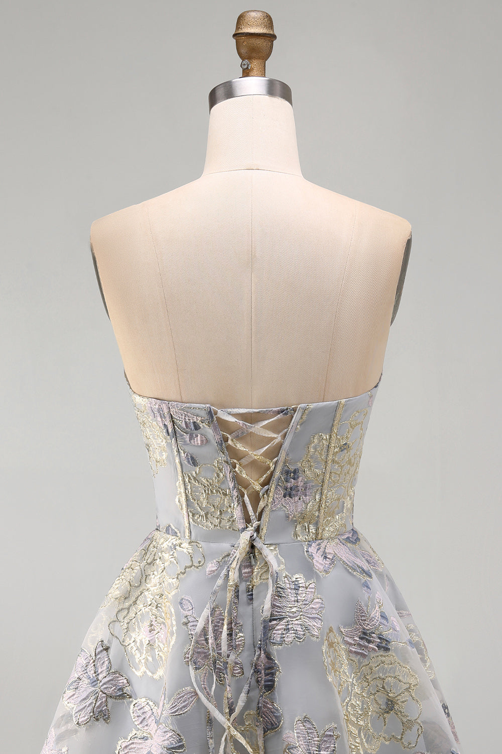 A-Line Blue Flower Strapless Corset Ruffled Jacquard Lace Up Back Homecoming Dress