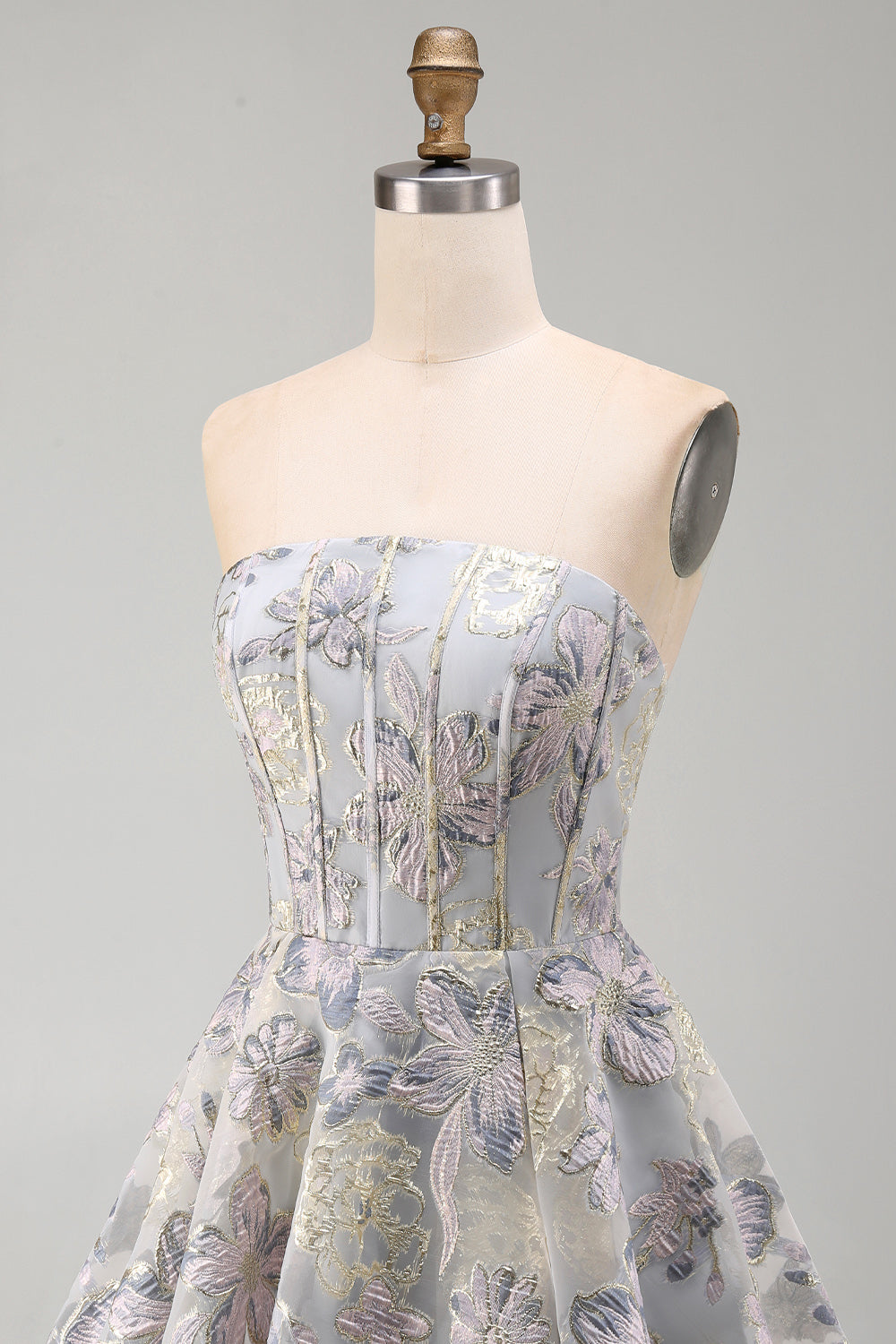 A-Line Blue Flower Strapless Corset Ruffled Jacquard Lace Up Back Homecoming Dress