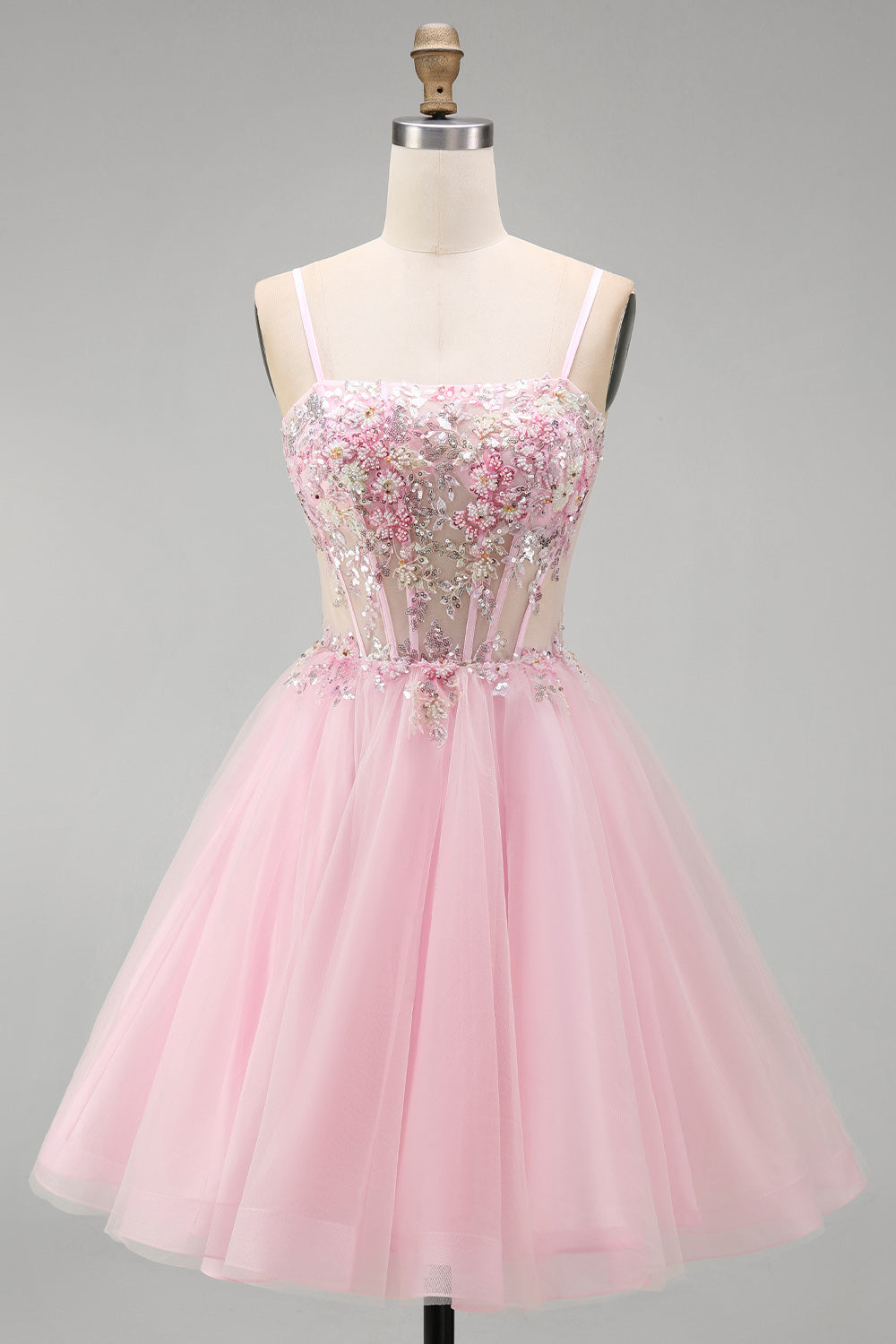A-Line Pink Floral Corset Ruffled Sequins Homecoming Dress with Beading