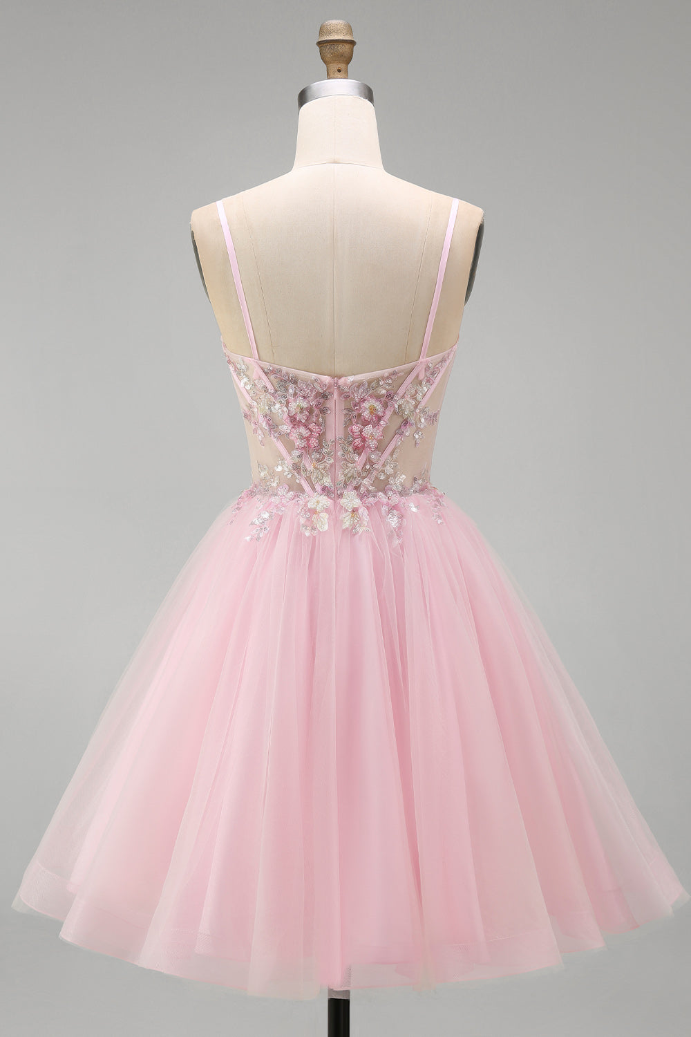 A-Line Pink Floral Corset Ruffled Sequins Homecoming Dress with Beading