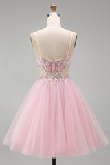 A-Line Pink Floral Corset Ruffled Sequins Homecoming Dress with Beading